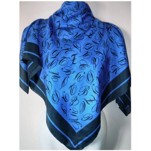 AVON Royal Blue Black 100% Silk Handrolled Hem Letter Alphabet Teacher Scarf 32" - Picture 1 of 5